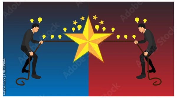 Fototapeta two people scrambling to pull a rope to get a star. blue and red teams fight to get awards. full body and landscape vector. eps 10 vector file.