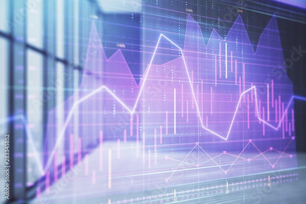 Obraz Double exposure of financial chart on empty room interior background. Forex market concept.