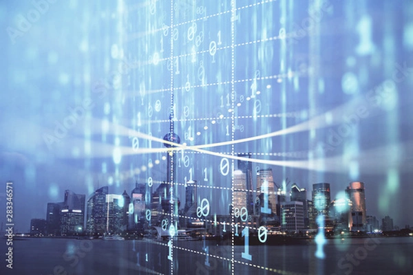 Fototapeta Data theme hologram drawing on city view with skyscrapers background double exposure. Ai concept.