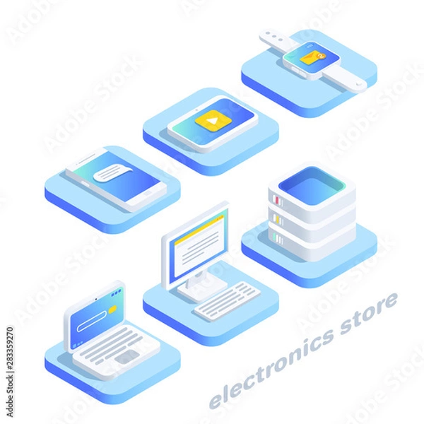 Obraz isometric vector image on a white background, innovative communication technology and an electronics store, a smartphone next to a laptop and other digital gadgets