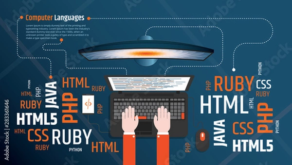 Fototapeta web site design development program coding concept top angle view desktop computer monitor tablet laptop screen organizer office stuff