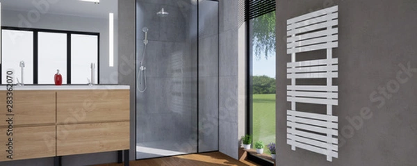 Fototapeta vue 3d salle de bain avec sèche serviette 03