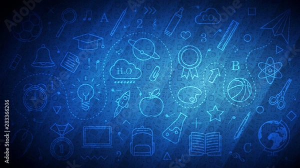 Fototapeta Back to School abstract blue background with different line icons and school pattern