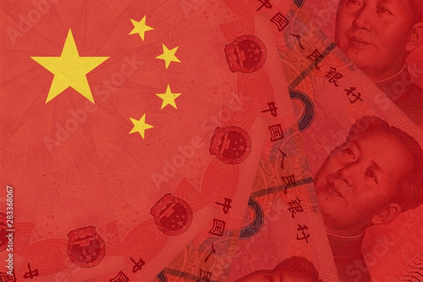 Obraz China national flag overlaid with Yuan renminbi banknotes. Chinese money and political situation. Concept of Chinese financial and business markets changes