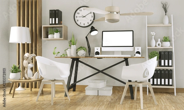 Obraz Mock up computer with blank screen  and decoration in office room mock up background.3D rendering