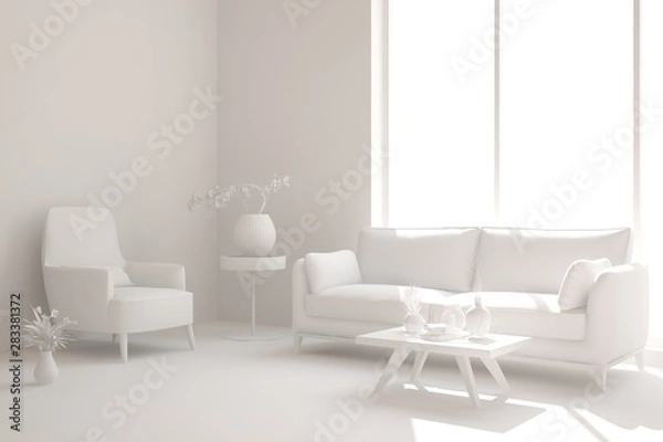 Fototapeta Mock up of stylish room in white color with sofa. Scandinavian interior design. 3D illustration