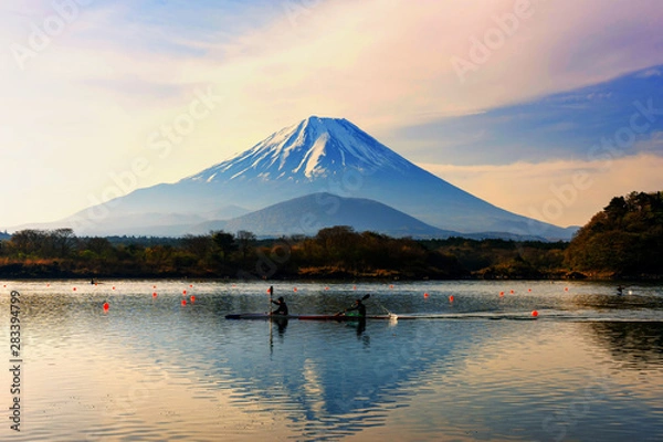 Fototapeta Boat kayaking around mountain fuji