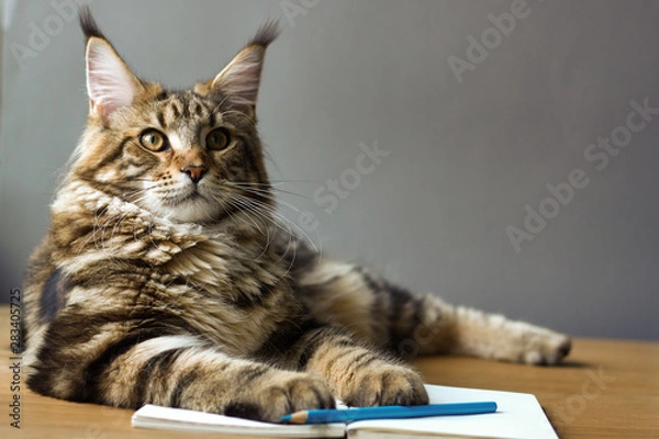 Obraz Szczegół portret kota rasy Maine Coon leży na drewnianym stole na otwartym notatniku i niebieskim ołówku, selektywne focus, lato