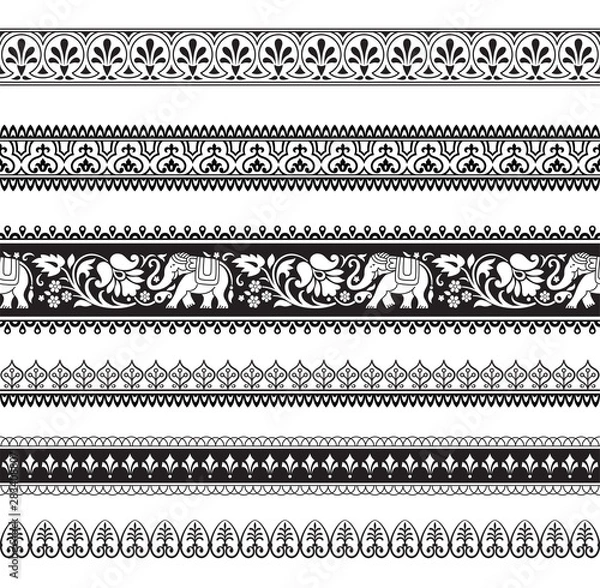 Fototapeta Seamless black and white borders with tribal style elephants and flowers. Thai, Indian, African symbol. Pattern brushes included in vector file.