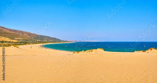 Obraz Punta Paloma beach, a unspoiled white sand beach of The Nature Park del Estrecho. View from the Dune of Valdevaqueros. Valdevaqueros inlet. Tarifa, Cadiz. Andalusia, Spain.