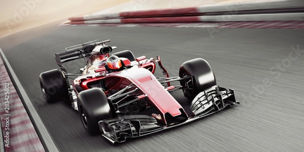 Fototapeta Wyścigi zespołowe w sportach motorowych. Szybko poruszający się ogólny samochód wyścigowy ścigający się po torze z rozmyciem ruchu. Renderowania 3D z miejscem na tekst lub miejsce na kopię