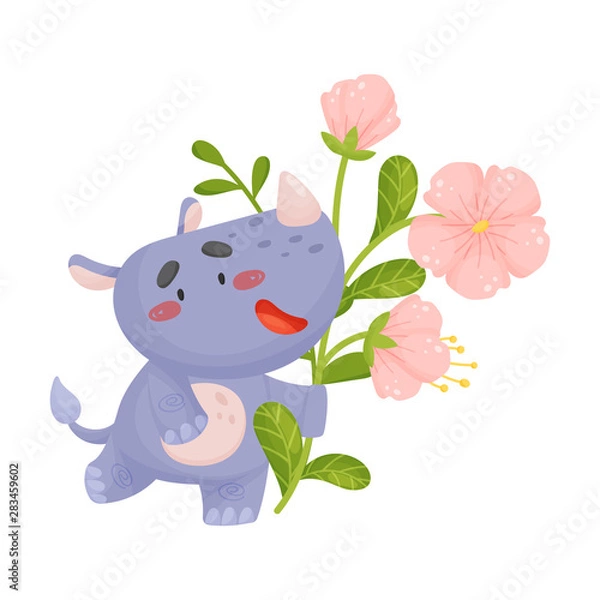 Obraz Cute rhino with flowers. Vector illustration on white background.