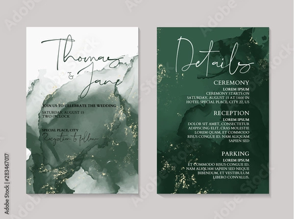 Fototapeta Wedding green luxury invitation cards with gold  marble texture background and Abstract emerald style vector design template