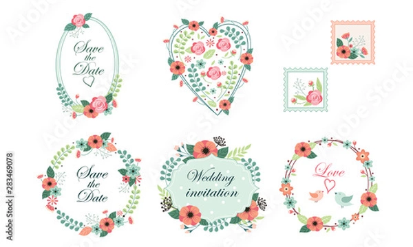 Fototapeta Floral Frame Collection, Wedding Invitation, Save the Date Card Design Elemets, Frame with Blooming Flowers Vector Illustration