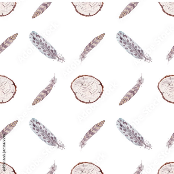 Fototapeta Seamless pattern with feathers. Watercolor graphic for fabric, postcard, wedding or greeting card, book, poster, tee-shirt, banners, emblems, logo. Illustration, isolated objects.