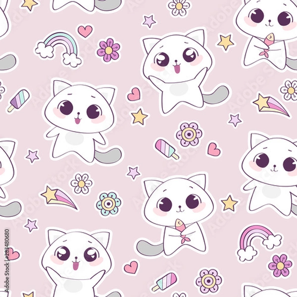 Fototapeta Seamless pattern with cute cat character, vector illustration