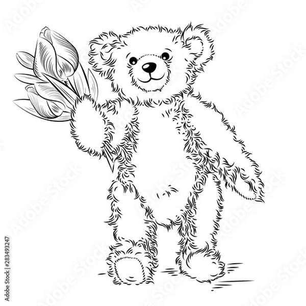 Obraz Drawing Teddy Bear with flowers. Vector illustration