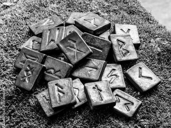 Fototapeta 24 Norse runes on grass in black and white background
