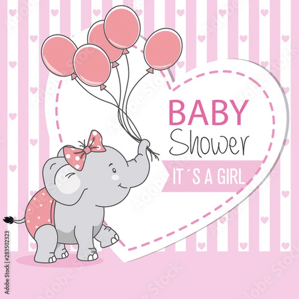 Obraz Happy elephant with a bow and balloons. baby shower card.