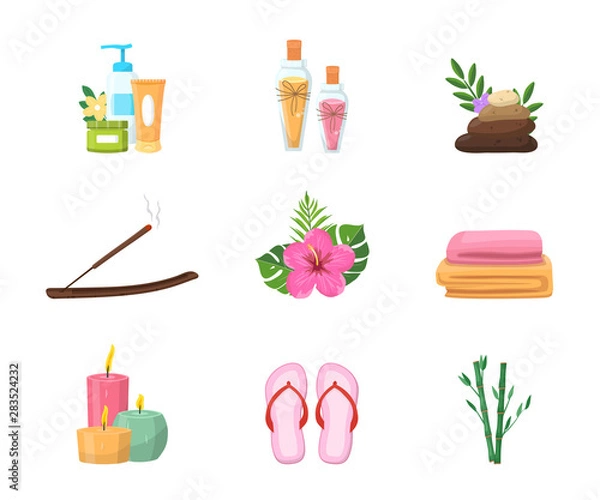 Fototapeta Spa salon attributes flat vector illustrations set