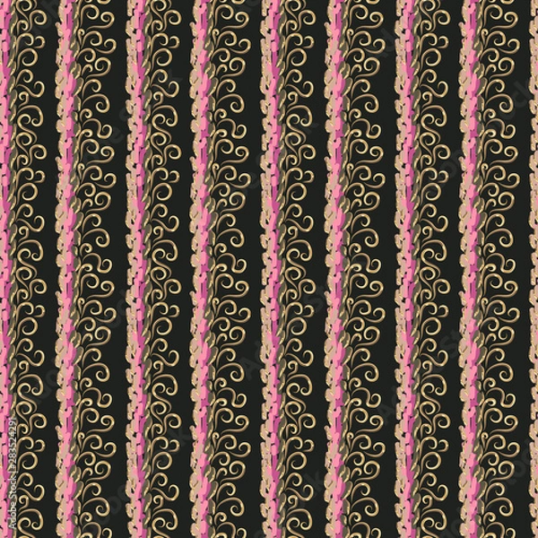 Fototapeta Modern striped vector seamless pattern. Abstract pink and beige stripes and golden curls. Luxury black background. Template for design, textile, clothing, ceramic tile, wallpaper, wrapping.