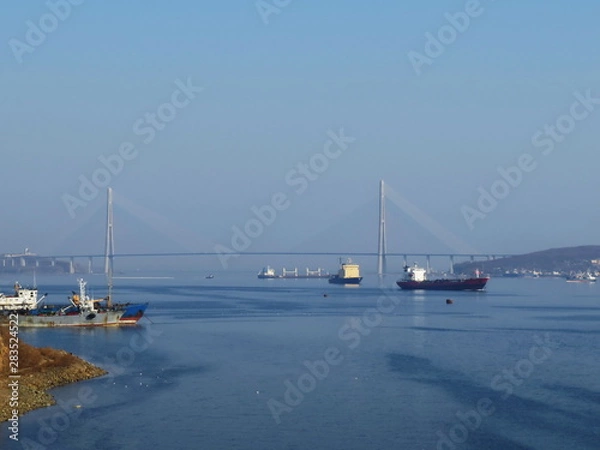 Fototapeta The ships pass under the bridge to The Russian island