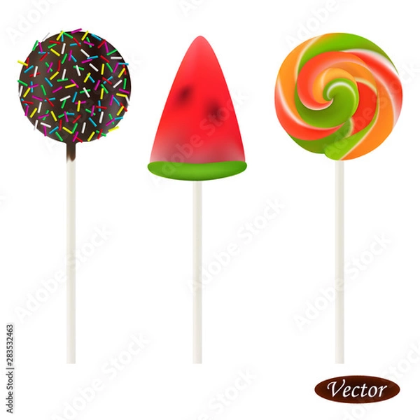 Fototapeta Realistic lollipops. Colorful designer element set for paper, interiors, t-shirts, logos, covers, fabrics, labels, card and more.