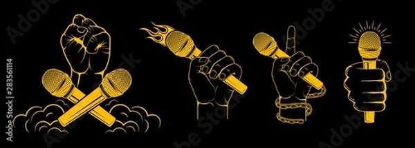Fototapeta Vector logo. Set, collection. Hands holding a microphone. Design element for printing.