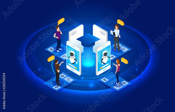 Obraz Concept e-learning illustrations. Bot teacher. Isometric Intelligence Learn. Technology and online training. Web study and lesson.