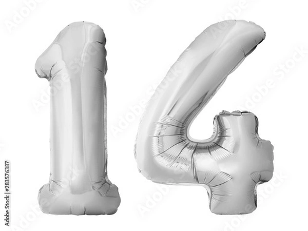 Obraz Number 14 fourteen made of silver inflatable balloons isolated on white background. Silver chrome helium balloons forming 14 fourteen number