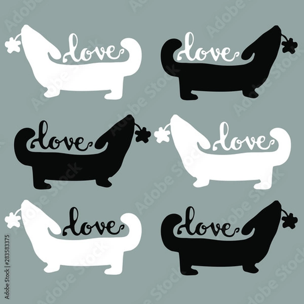 Fototapeta Cute scandi black and white greeting card with dogs and inscription. Postcard in the style of handwritten calligraphy with a dogs. Cute simple vector handwritten decor element icon perfect for cups.