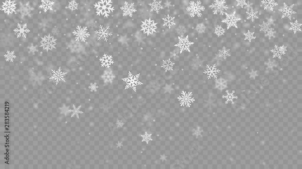 Fototapeta Christmas blurred illustration of complex defocused big and small falling snowflakes in white and gray colors with bokeh effect on transparent background