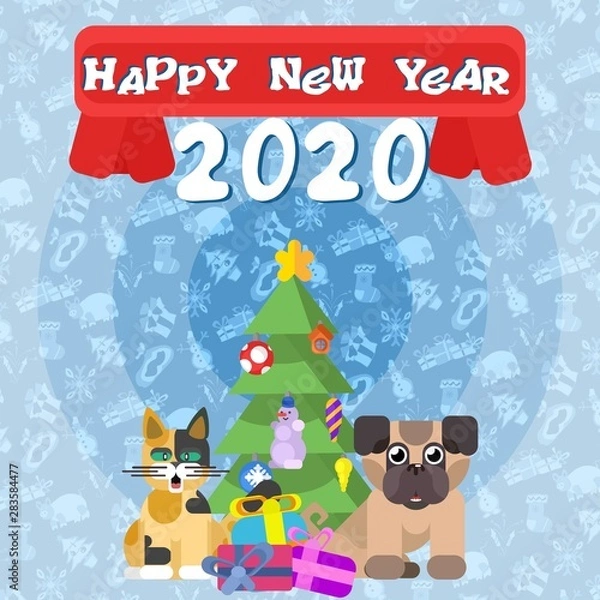 Fototapeta poster for the new year. cat with a dog near the New Year tree