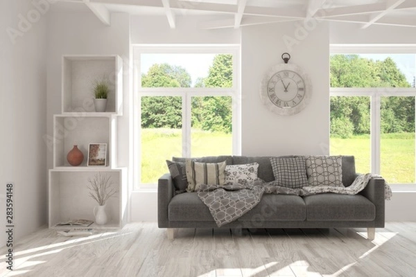 Fototapeta Mock up of stylish room in white color with sofa and green landscape in window. Scandinavian interior design. 3D illustration