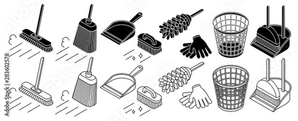 Fototapeta Cleaning tools set, broom, basket trash can thin line icon, isolated on white. Vector illustration.