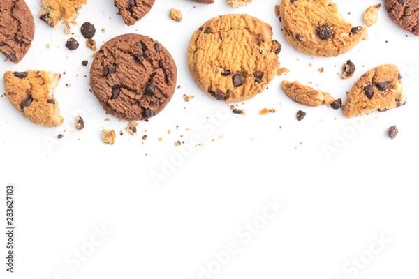 Fototapeta homemade chocolate chips cookies on white background in top view
