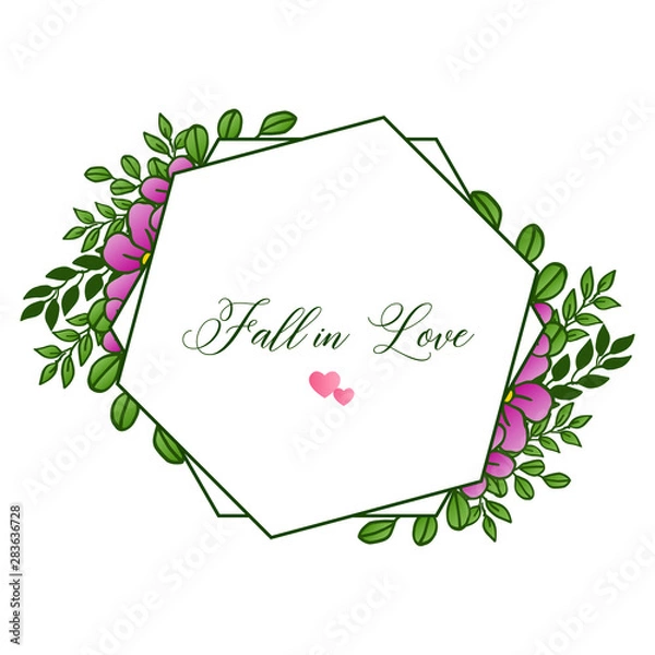 Fototapeta Lettering text fall in love, with purple flower frame. Vector