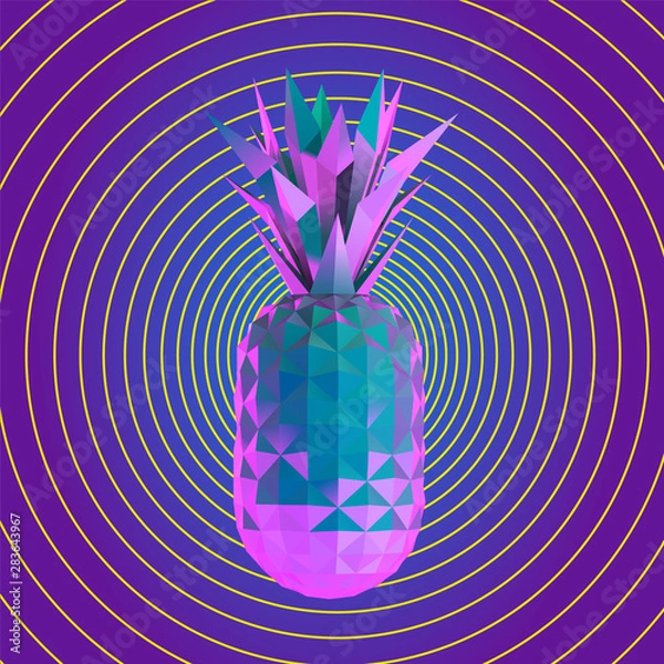 Fototapeta Psychedelic Vaporwave Pineapple on Retro Background. Low Poly Vector 3D Rendering