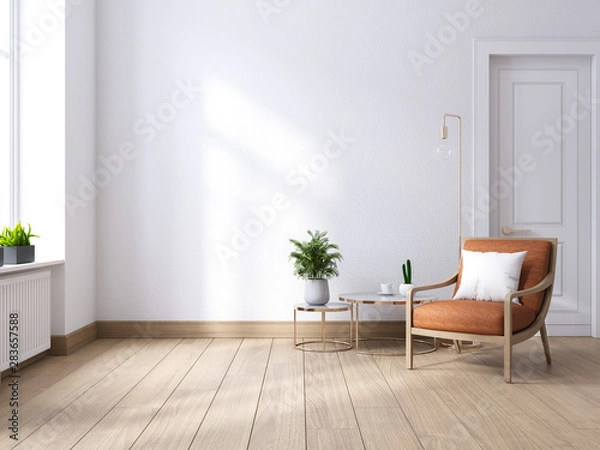 Obraz Modern mid century and minimalist interior of living room ,leather armchair with table on white wall and wood floor ,3d render