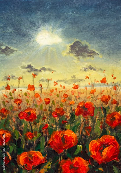 Obraz Pole czerwonych kwiatów maków Impresjonizm nowoczesny obraz olejny - czerwone kwiaty maki Ilustracja promieni słonecznych i chmur. Kwiatowa nowoczesna grafika krajobrazowa na plakat, tkaninę, tło zaproszenia