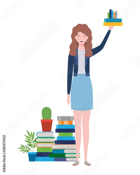 Fototapeta woman standing with stack of books on white background