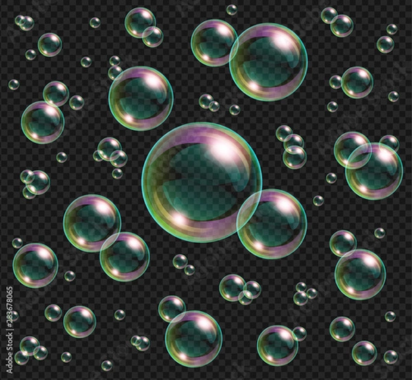 Obraz Realistic soap bubbles with rainbow reflection isolated on transparent background.