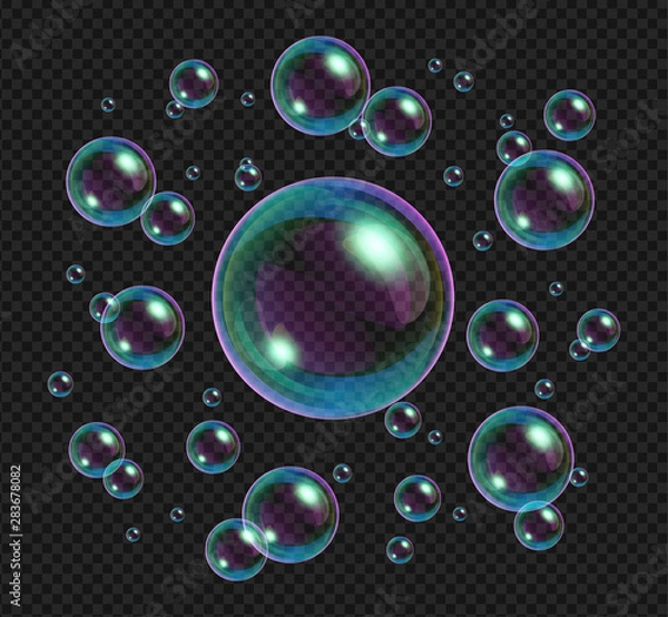 Fototapeta Realistic soap bubbles with rainbow reflection isolated on transparent background.