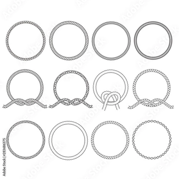 Fototapeta Round rope frame. Circle ropes, rounded border and decorative marine cable frame circles. Rounds cordage knot stamp or nautical twisted knots logo isolated vector icons set