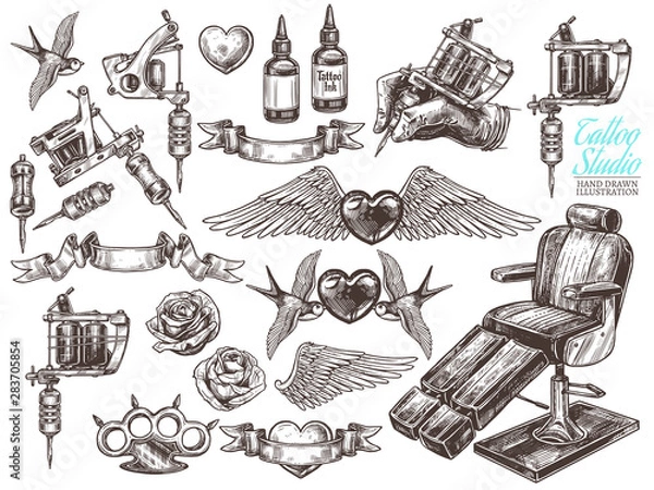 Obraz Hand drawn vector tattoo studio collection with sketch engraving illustration. Set with equipment and machines for tattooist and tattoo design