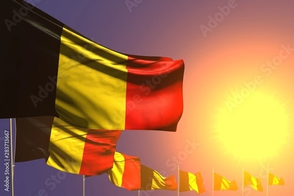 Fototapeta pretty anthem day flag 3d illustration. - many Belgium flags placed diagonal on sunset with place for your content
