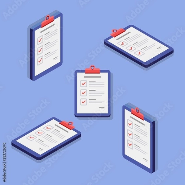 Fototapeta Check list, Clipboard, Document, Finance, Business, Isometric, Isolated, illustration, Vector, Flat icon
