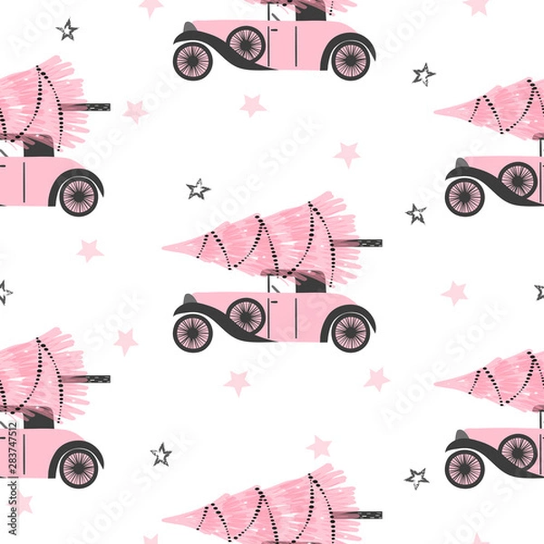 Fototapeta Seamless pattern with retro car and Christmas tree. Wrapping paper design