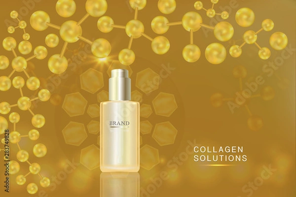 Fototapeta Beauty product ad design, gold cosmetic containers with collagen solution advertising background ready to use, luxury skin care banner, illustration vector.	