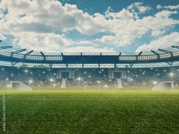 Obraz Soccer stadium with tribunes, cheering fans, blue cloudy sky and green grass. 